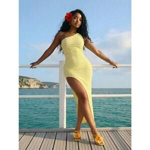 Yellow One-Shoulder High Slit Maxi Dress